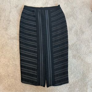 Frank Lyman black textured satin fringe pencil midi skirt Sz 8 classy elegant